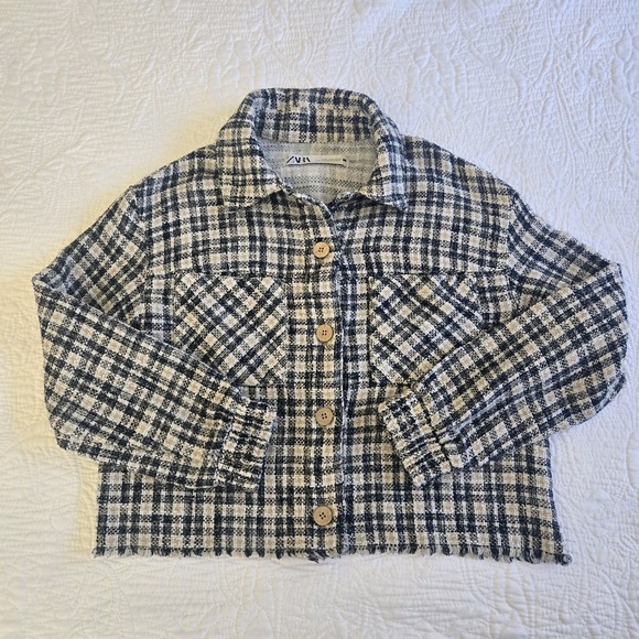 Zara Tweed Plaid Cropped Jacket Button Up Collared Navy Cream Frayed Hem Small - Picture 6 of 16